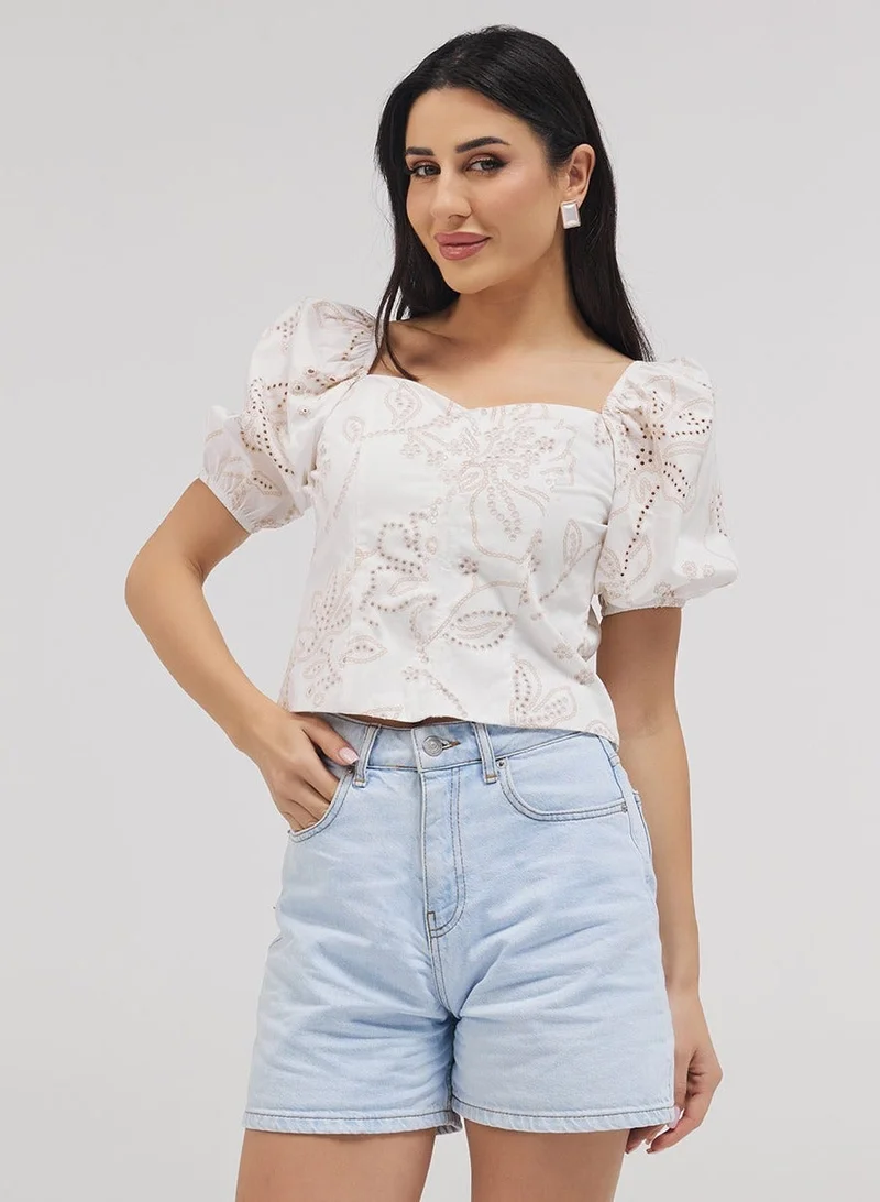 Zigzag Puff Sleeve Front Open Cutlon Top