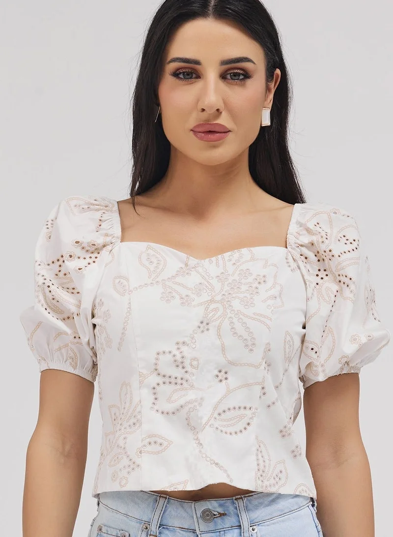 Zigzag Puff Sleeve Front Open Cutlon Top