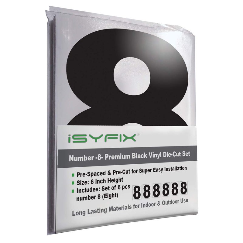 iSYFIX Black Vinyl Number 8 (Eight) Stickers - 6 Pack 6 inch Self Adhesive -Decal Die Cut & Pre-Spaced for Mailbox, Signs, Window, Door, Cars, Trucks, Home, Business, Address Number, In & Outdoor - Image 1