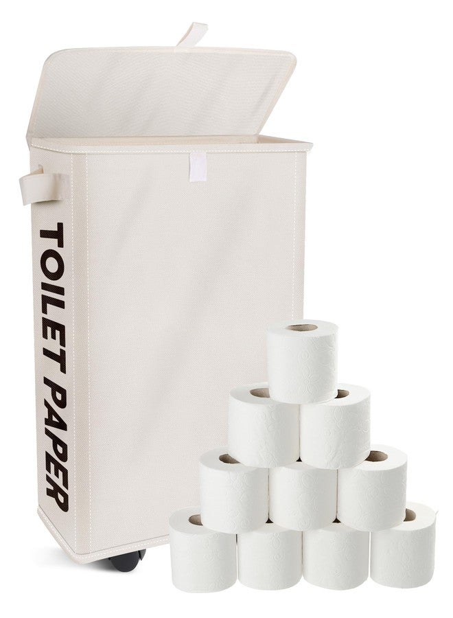 Primo Lines 35L Extra Large Toilet Paper Storage with Lid - Holds 20 Regular or 15 Mega Rolls, Portable Beige Toilet Tissue Holder Basket with Pulley Handle & Wheels, Space-Saving Design for Easy Moving - Image 1