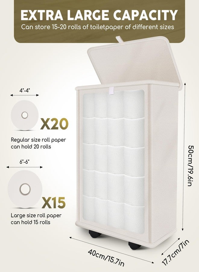 Primo Lines 35L Extra Large Toilet Paper Storage with Lid - Holds 20 Regular or 15 Mega Rolls, Portable Beige Toilet Tissue Holder Basket with Pulley Handle & Wheels, Space-Saving Design for Easy Moving - Image 5