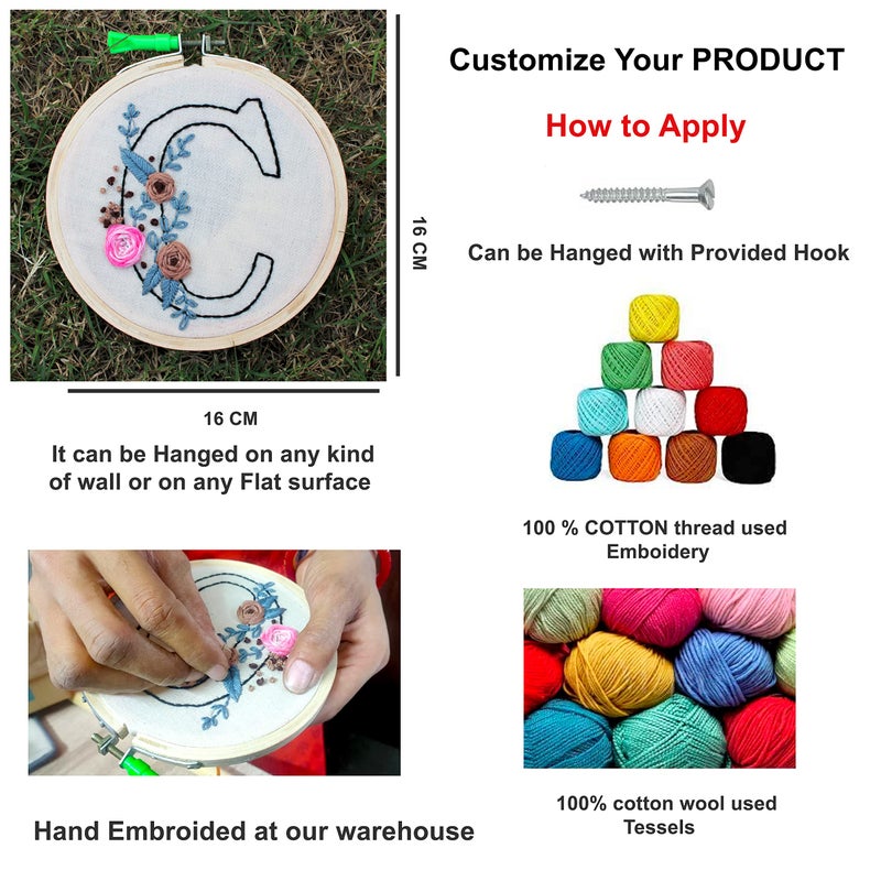 VAH C Letter Customized Embroidery Hoop Art Work Gift with Wool Tassels for Gift on Special Events ( Home décor, Wall décor, Wall Hanging) - Image 3