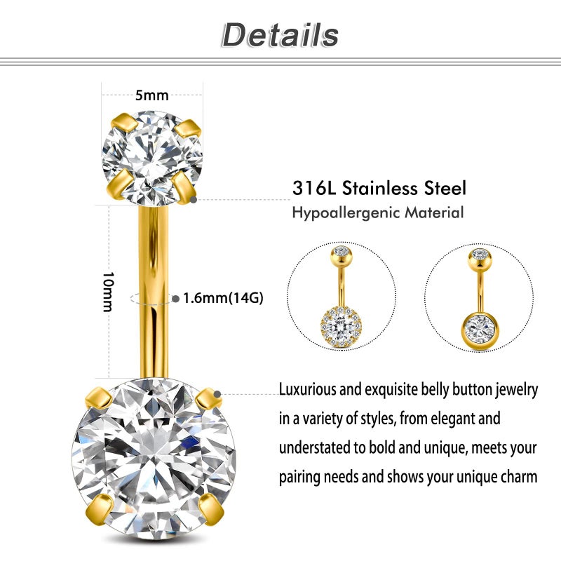 Incaton 14G Belly Button Rings, Stainless Steel Diamond Short Bar Belly Rings For Women, Hypoallergenic Navel Piercings With Gift Velvet Pouch Gold 10mm - Image 2