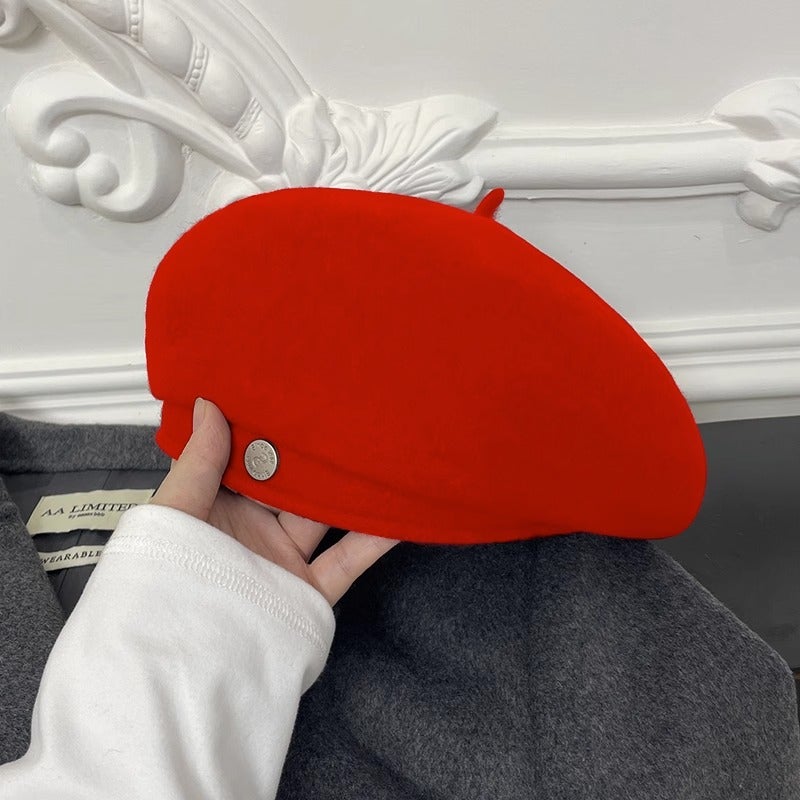 Black Wool Beret Women Fall/Winter Versatile Cap Red - Image 1