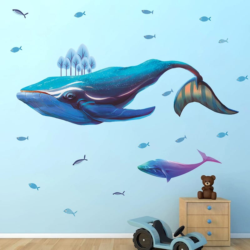 MEFOSS Large Blue Whale Wall Decals DIY Undersea Ocean Fish Wall Stickers Removable Peel and Stick Wall Decal Art for Kids Room Bedroom Living Room Nursery Office Decorations
