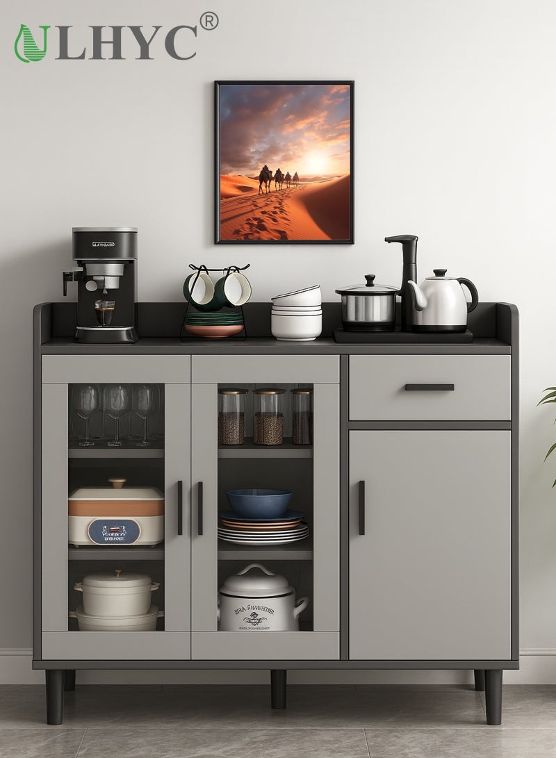 ULHYC Modern Grey Kitchen Storage Cabinet with Glass Doors, Multipurpose Sideboard Buffet for Dining & Living Room - Ample Space for Dishes, Cookware & More - Image 1