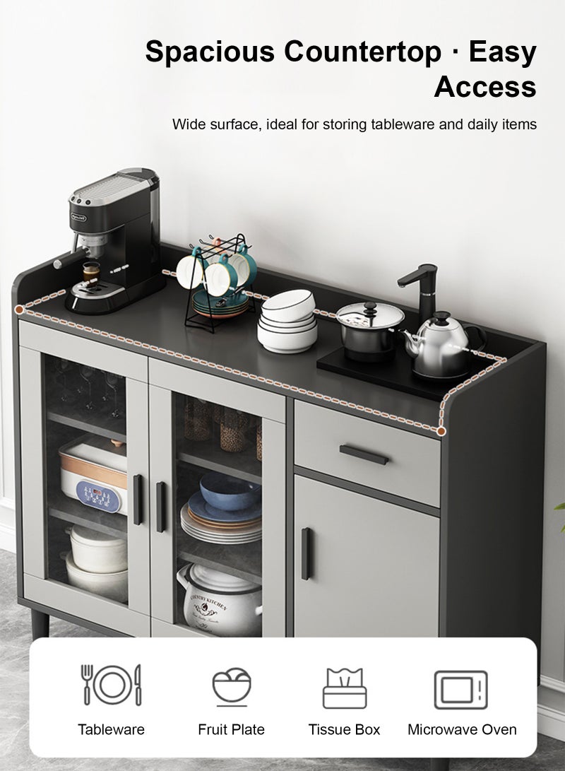 ULHYC Modern Grey Kitchen Storage Cabinet with Glass Doors, Multipurpose Sideboard Buffet for Dining & Living Room - Ample Space for Dishes, Cookware & More - Image 2