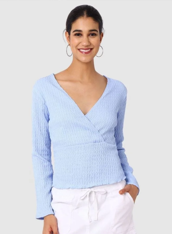 Women Regular Fit Textured V-Neck Long Sleeve Wrap Top
