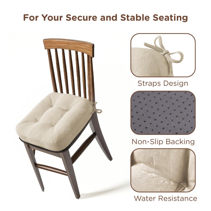 Codi Dining Chair Cushions 4 Pack, Thick Chairs Pads for Indoor Kitchen Room - Washable, Non-Slip Memory Foam Seat Cushion with Ties, 16.5"x16.5"x 3.5", Set of 4, Beige New - Image 3