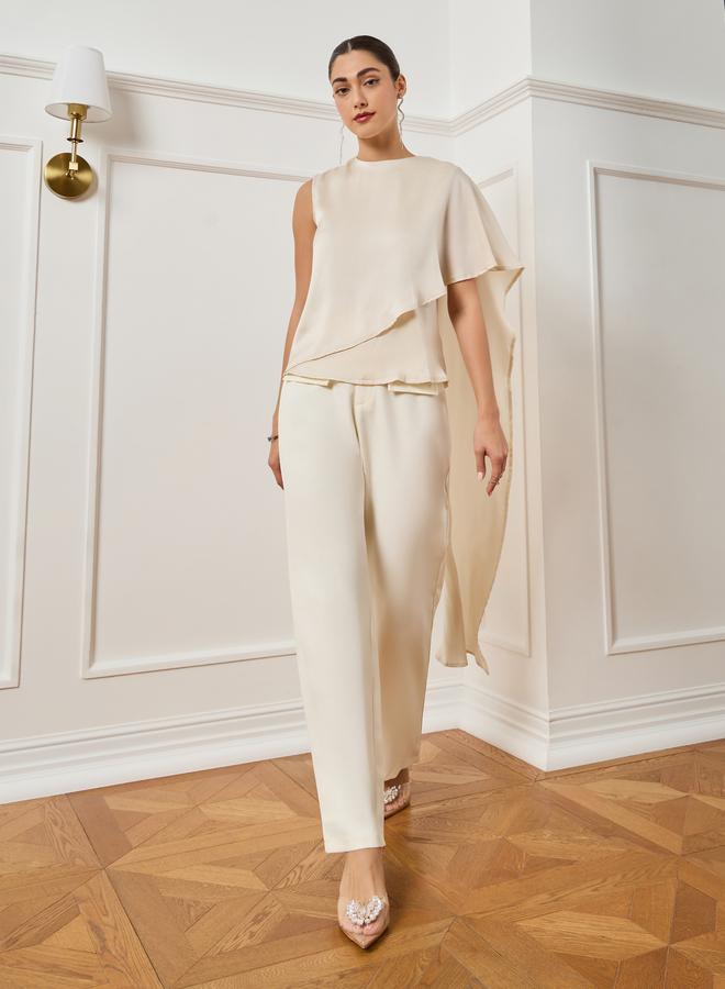 Styli Women Off-White Asymmetric Scarf Detail Satin Top - Image 3