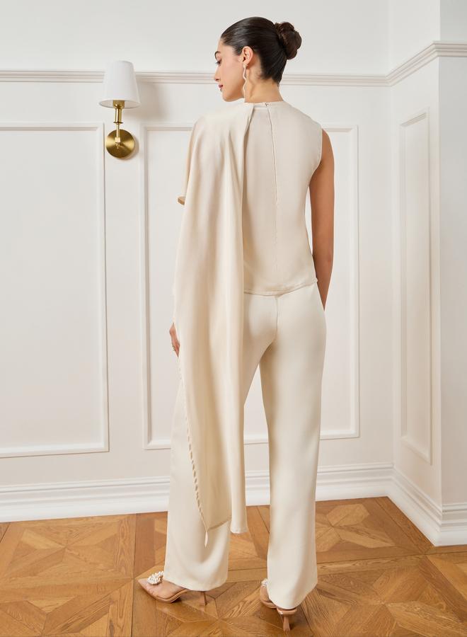 Styli Women Off-White Asymmetric Scarf Detail Satin Top - Image 5