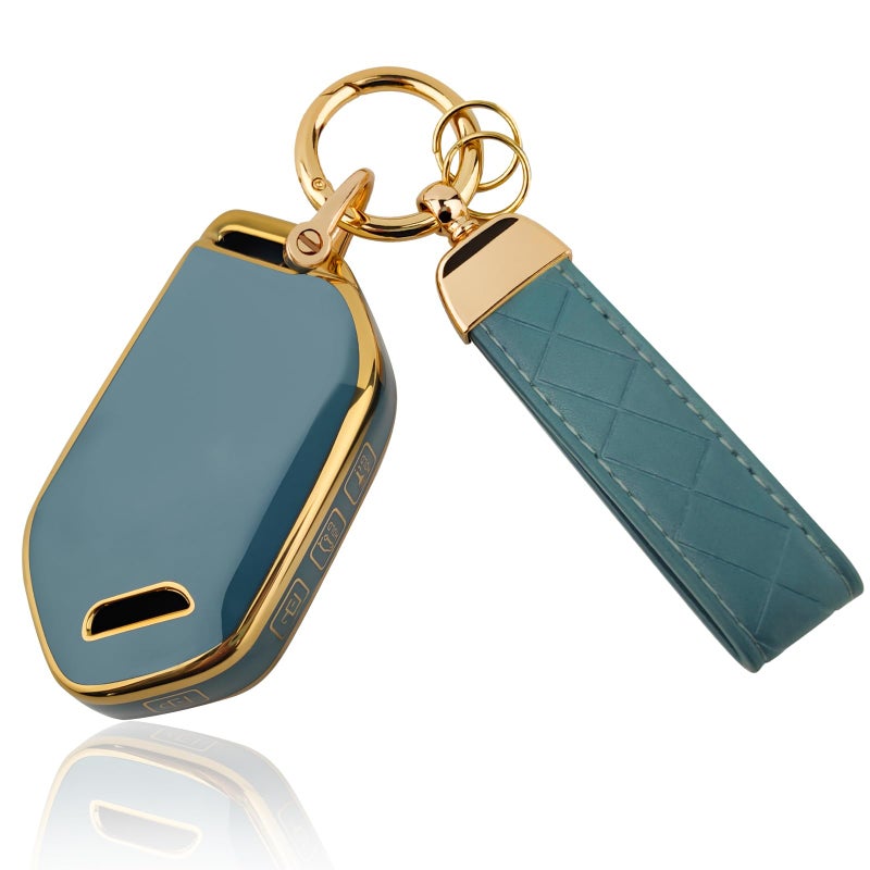Aoocar 5 Button TPU Key Fob Cover Compatible with 2023 2024 Kia Telluride EV5 Remote Key Case with Leather Keychain Blue - Image 3