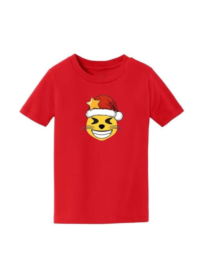 PRINTSHOP4ME - Christmas Emoji Kids Red T-Shirt For Boys–Soft Cotton Round Neck Short Sleeve T-Shirt With Smiley Face Emoji–Great For Parties - Image 1