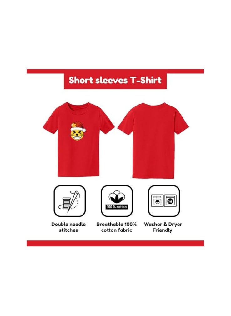 PRINTSHOP4ME - Christmas Emoji Kids Red T-Shirt For Boys–Soft Cotton Round Neck Short Sleeve T-Shirt With Smiley Face Emoji–Great For Parties - Image 1