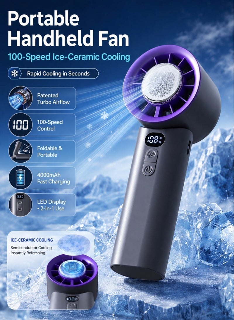 Panda Portable Handheld Fan, 100-Speed Ice-Ceramic Cooling, Small Fan,4000mAh Fast-Charging , Handheld Turbo Fan,LED Digital Display, Adjustable Mini Fan for Travel, Camping, Indoor, Outdoor (Purple) - Image 1
