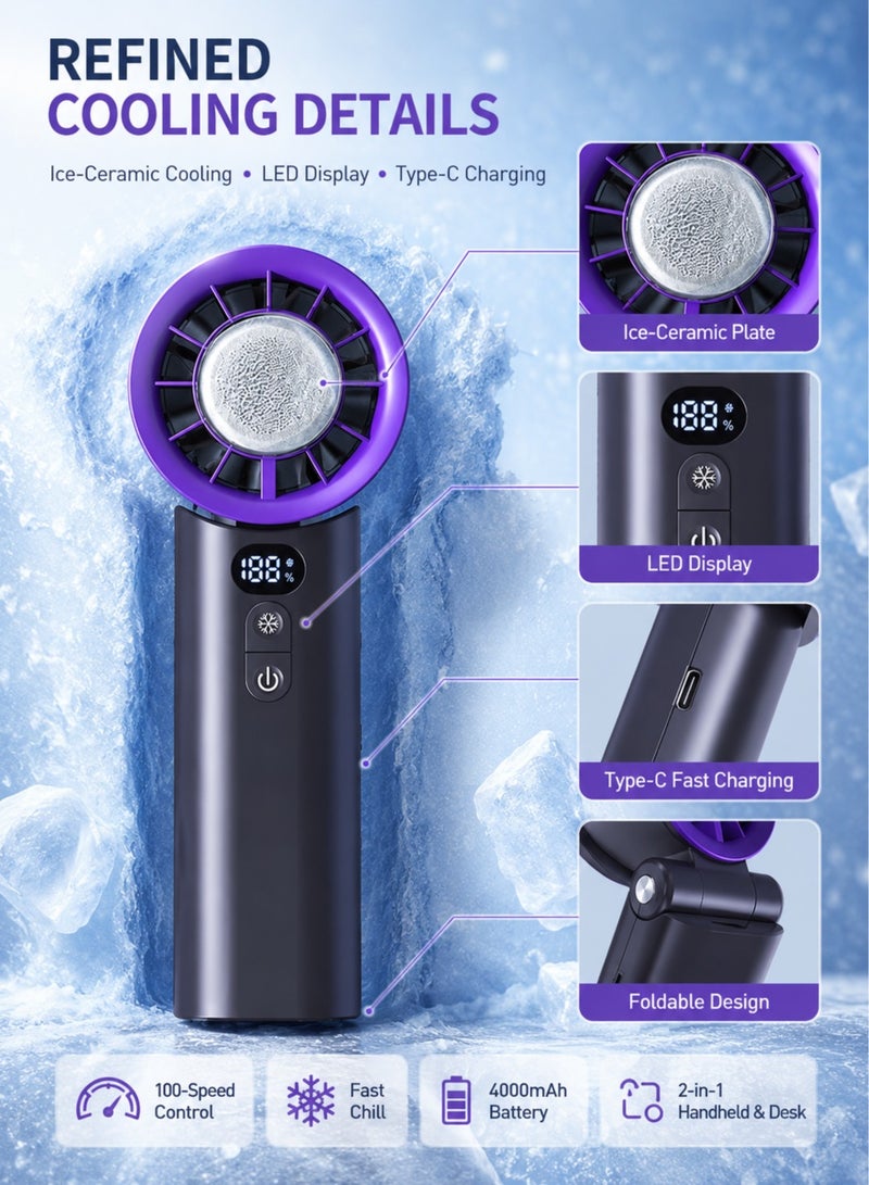 Panda Portable Handheld Fan, 100-Speed Ice-Ceramic Cooling, Small Fan,4000mAh Fast-Charging , Handheld Turbo Fan,LED Digital Display, Adjustable Mini Fan for Travel, Camping, Indoor, Outdoor (Purple) - Image 5