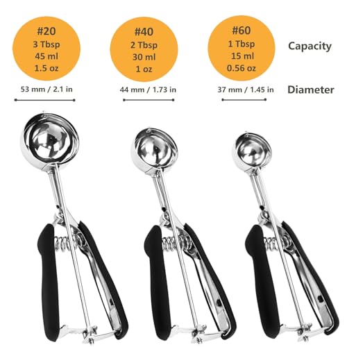 LLESCA Cookie Scoop Set, 3Pcs Ice Cream Scoop, Cookie Scoops for Baking Set of 3, 18/8 Stainless Steel Cookie Scooper for Baking, Ice Cream Scooper with Trigger Release, Cookie Dough Scoop with Non-slip Grip - Image 2