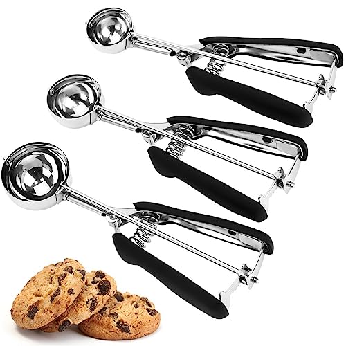 LLESCA Cookie Scoop Set, 3Pcs Ice Cream Scoop, Cookie Scoops for Baking Set of 3, 18/8 Stainless Steel Cookie Scooper for Baking, Ice Cream Scooper with Trigger Release, Cookie Dough Scoop with Non-slip Grip - Image 1