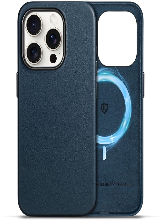 SHIELDON Case for iPhone 15 Pro 6.1", Genuine Leather Slim Fit Case [Anti-Scratch][Non-Slip][Full Body Protection] Magnetic Wireless Charging Phone Cover Compatible with iPhone 15 Pro - Navy Blue - Image 1