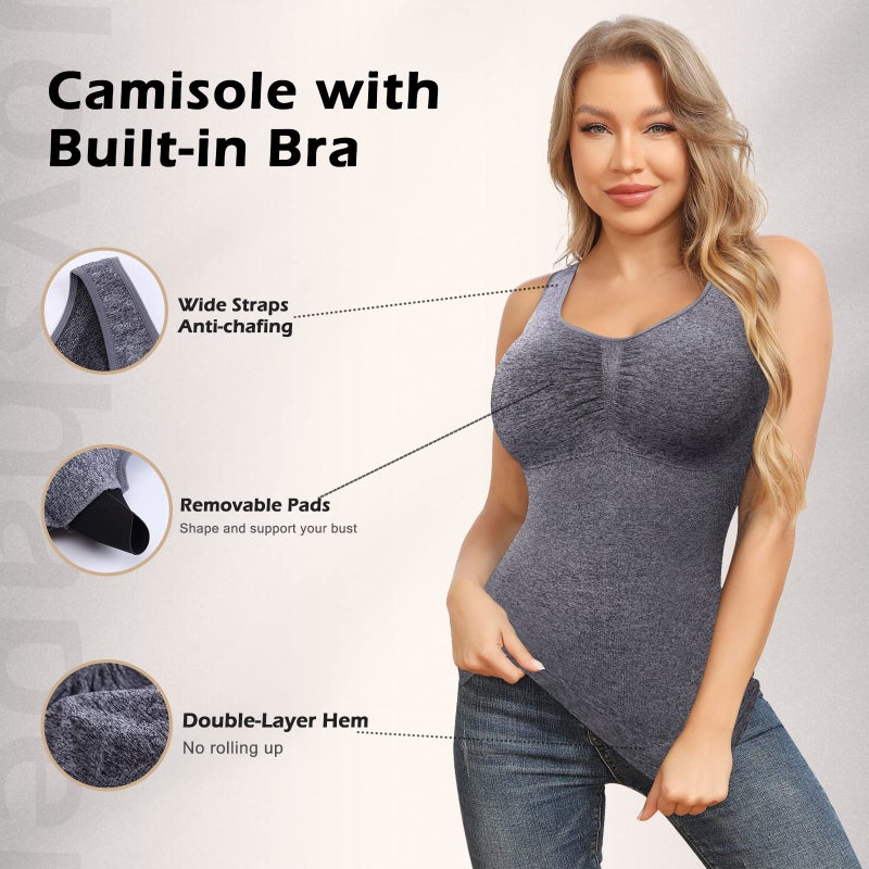 JOYSHAPER Shapewear Camisoles With Built in Bra Tummy Control Compression Tank Tops for Women Body Shaper Padded Tanks Grey XL - Image 2