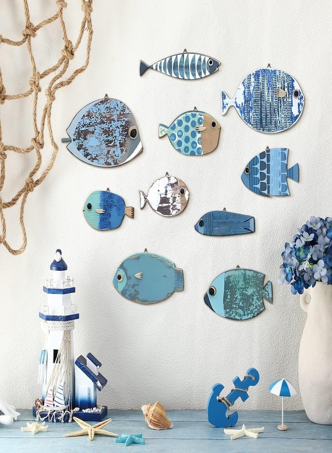 Yuntau 10 Pcs Fish Wall Decor Wooden Fish Wall Hanging Decor Beach Wall Decor Wood School of Fish Wall Art Nautical Theme Bathroom Decor Coastal Ocean Home Wall Decor, Not 3D Pattern - Image 3