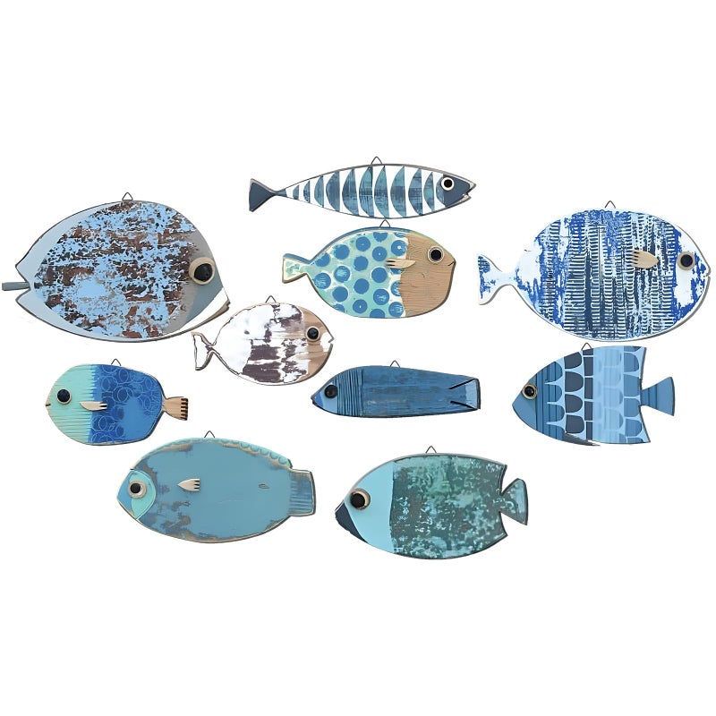 Yuntau 10 Pcs Fish Wall Decor Wooden Fish Wall Hanging Decor Beach Wall Decor Wood School of Fish Wall Art Nautical Theme Bathroom Decor Coastal Ocean Home Wall Decor, Not 3D Pattern - Image 1
