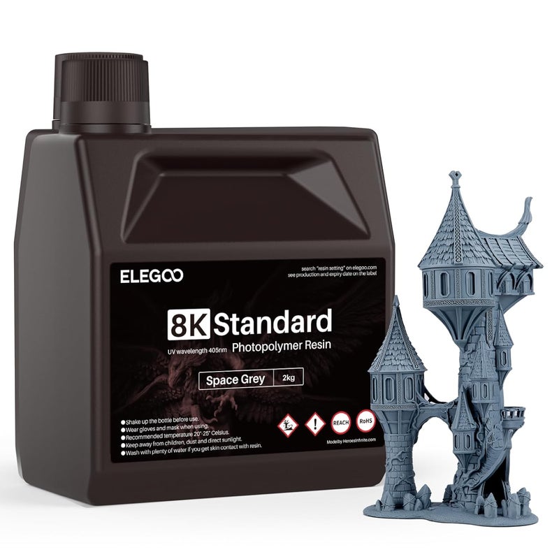 ELEGOO 8K 3D Resin for 3D Printer Resin, 3D Resin UV Standard 405nm for Saturn 3 Ultra, Saturn 4, Saturn 4 Ultra, Mars 4, Mars 4 Ultra, Mars 5, Mars 5 Ultra, 2000G Color Grey - Image 1
