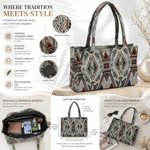 Global Impex Stylish Buoy Tote Bag for Girls & Women | Sturdy Cotton Blend Jacquard | Double Shoulder Ladies Handbag Purse For Daily & Office,Travel Use | Zip Pocket | Handcrafted - Image 5