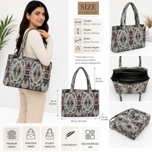 Global Impex Stylish Buoy Tote Bag for Girls & Women | Sturdy Cotton Blend Jacquard | Double Shoulder Ladies Handbag Purse For Daily & Office,Travel Use | Zip Pocket | Handcrafted - Image 4