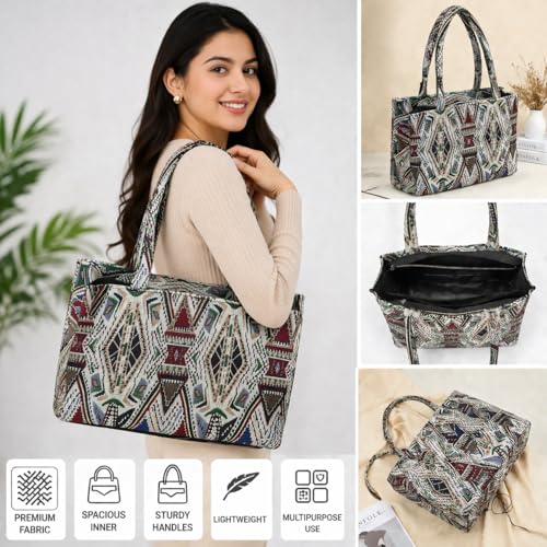 Global Impex Stylish Buoy Tote Bag for Girls & Women | Sturdy Cotton Blend Jacquard | Double Shoulder Ladies Handbag Purse For Daily & Office,Travel Use | Zip Pocket | Handcrafted - Image 3