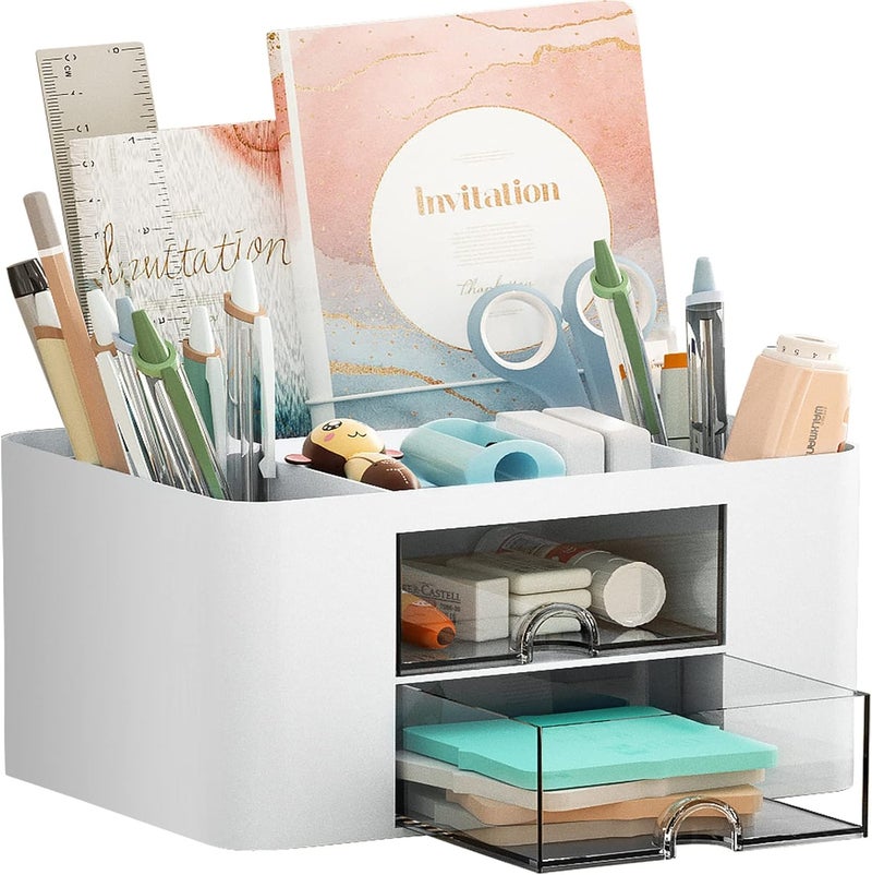 Marbrasse Desk Organizer with Drawer, Multi-Functional Pencil Holder, White - Image 1