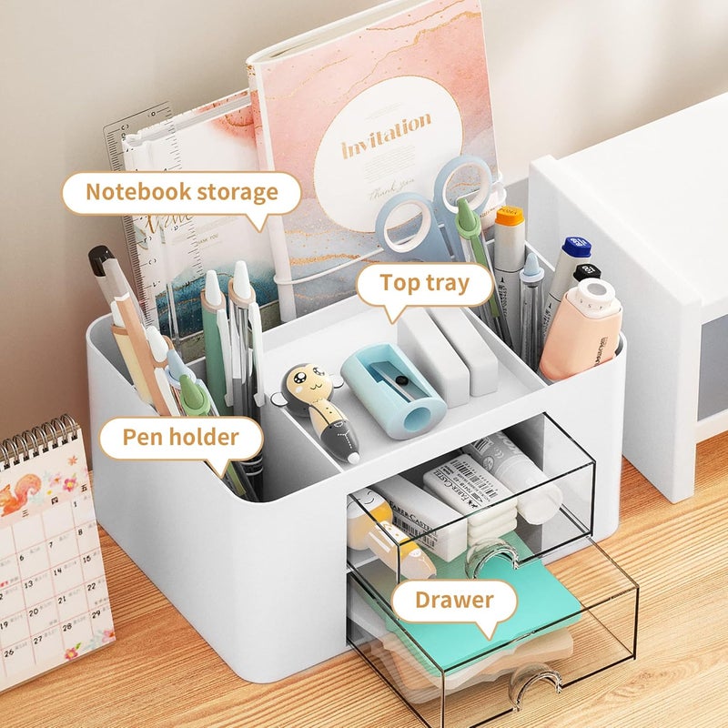 Marbrasse Desk Organizer with Drawer, Multi-Functional Pencil Holder, White - Image 2