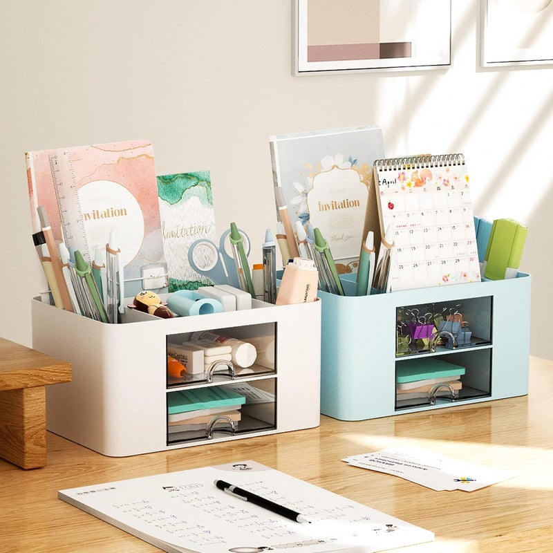 Marbrasse Desk Organizer with Drawer, Multi-Functional Pencil Holder, White - Image 5