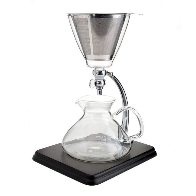 GLASS SILVERTON 16OZ COFFEE TEA BREWER HEATRESISTANT BOROSILICATE GLASS WITH BLACK WOOD BASE AND STAINLESS STEEL FILTER