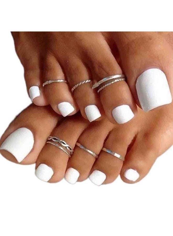 Outyua Solid Square Fake Toenails Matte Press on Toe Nails Short Acrylic False Toes Nails Cute Artificial Beach Full Cover Toenail White for Women 24 Pcs (White) - Image 5