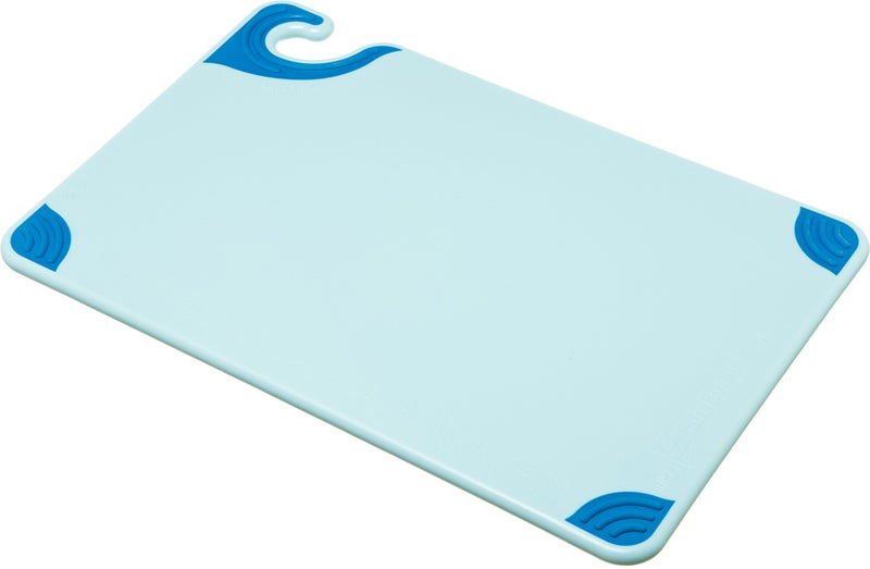 San Jamar Saf-T-Grip Plastic Cutting Board with Safety Hook, 12" x 18" x 0.5", Blue - Image 1