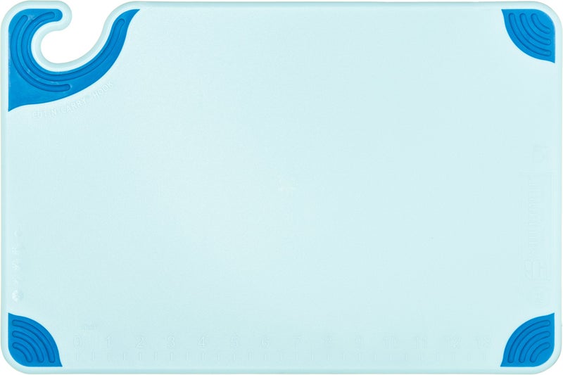 San Jamar Saf-T-Grip Plastic Cutting Board with Safety Hook, 12" x 18" x 0.5", Blue - Image 2