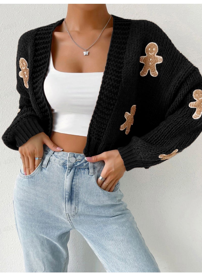 Generic - Short Knitted Sweater Womens Cookie Man Pattern Cardigan Spring Autumn Polyester Anime Cartoon Regular Fit Long Sleeve V-Neck Red - Image 1