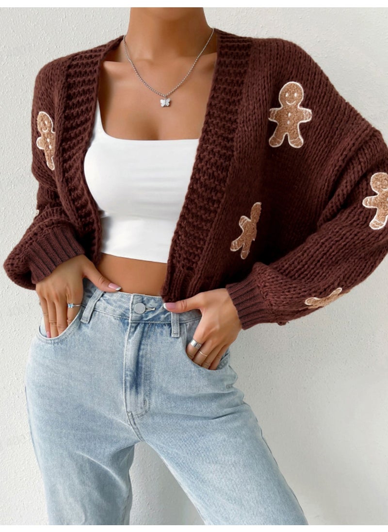 Generic - Short Knitted Sweater Womens Cookie Man Pattern Cardigan Spring Autumn Polyester Anime Cartoon Regular Fit Long Sleeve V-Neck Red - Image 1