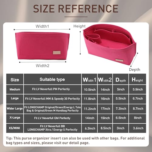Doxo Purse Organizer Insert for Handbags Base Shaper 2pc Set Felt Neverfull PM Organizer Insert Tote Bag Organizer with Zipper Pocket and Bottle Holder Fit Neverfull PM and More RoseM - Image 3