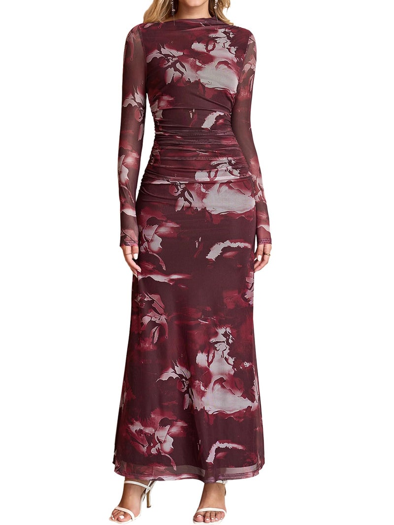HTZMO Women Long Sleeve Bodycon Floral Maxi Dress Ruched A Line Flowy Wedding Guest Formal Party Long Dresses WinePrint M - Image 1