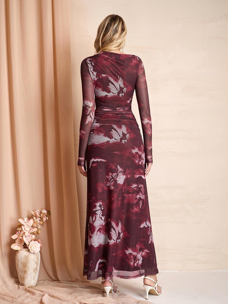 HTZMO Women Long Sleeve Bodycon Floral Maxi Dress Ruched A Line Flowy Wedding Guest Formal Party Long Dresses WinePrint M - Image 2