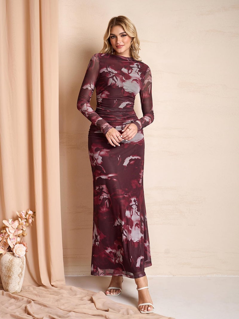 HTZMO Women Long Sleeve Bodycon Floral Maxi Dress Ruched A Line Flowy Wedding Guest Formal Party Long Dresses WinePrint M - Image 4