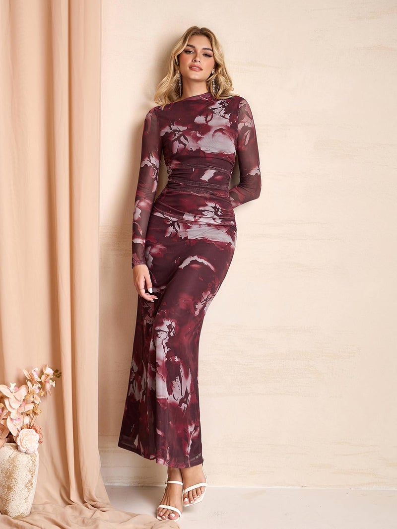 HTZMO Women Long Sleeve Bodycon Floral Maxi Dress Ruched A Line Flowy Wedding Guest Formal Party Long Dresses WinePrint M - Image 5