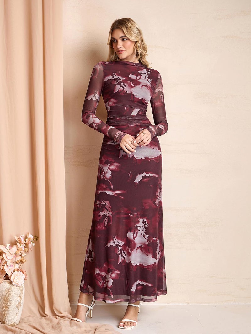 HTZMO Women Long Sleeve Bodycon Floral Maxi Dress Ruched A Line Flowy Wedding Guest Formal Party Long Dresses WinePrint M - Image 3