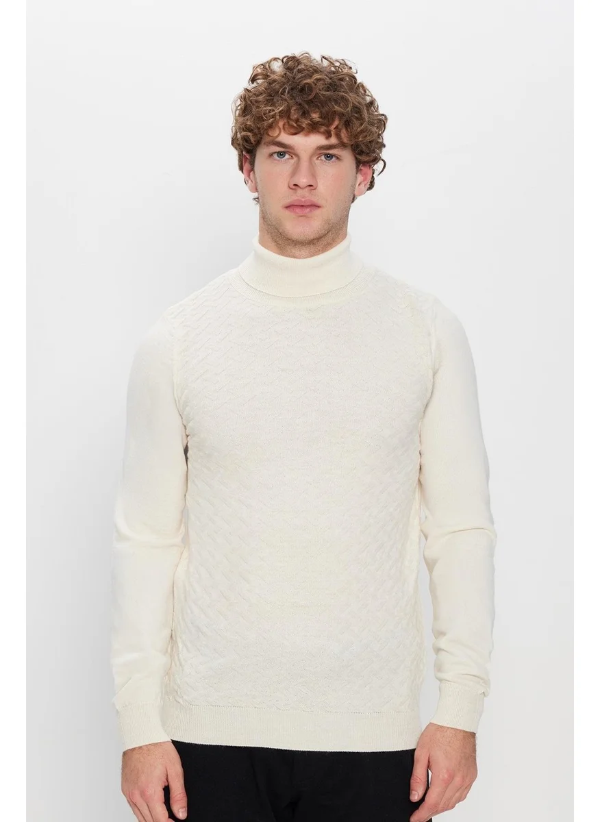 Tudors Full Turtleneck Front Patterned Ecru Men's Knitwear Sweater