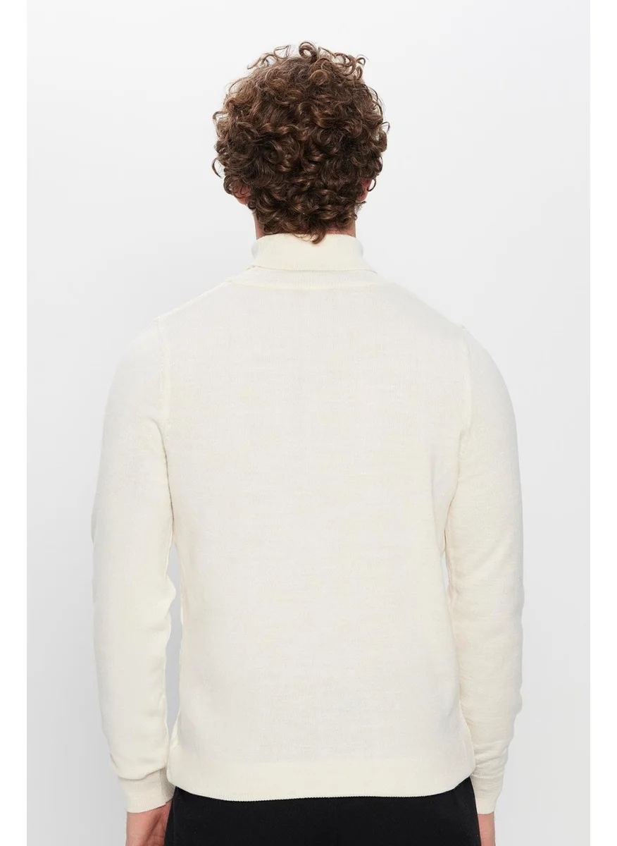 Tudors Full Turtleneck Front Patterned Ecru Men's Knitwear Sweater