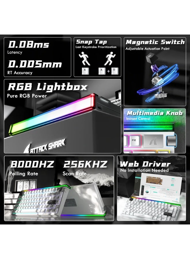 Attack Shark R85HE 75% Wired Magnetic Hall Effect Gaming Keyboard, Rapid Trigger 0.005mm Precision, Adjustable Actuation 0.1–3.3mm, 8000Hz Polling Rate, SOCD/DKS Support, RGB Backlit, USB-C Mechanical Keyboard with Volume Knob | White - Image 3