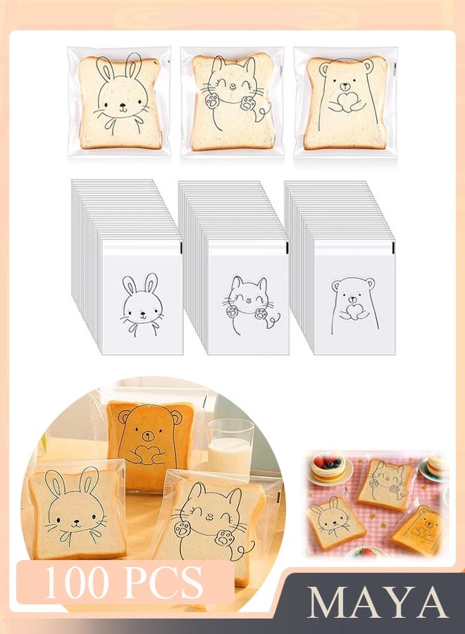 ١٠٠ كيس طعام، أكياس بلاستيكية ذاتية الإغلاق مزينة برسومات حيوانات، أكياس شفافة لتغليف وتخزين الطعام - Image 1