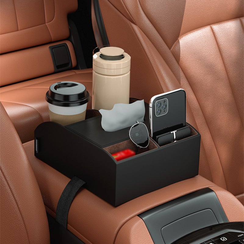 Car Armrest Storage Box: Black MDF & Leather, Expand Vehicle Storage Space - Secure Adjustable Strap, Large Capacity Armrest Box Organizer for Car Truck SUV Daily Commuters Long-Distance Travelers - Image 2